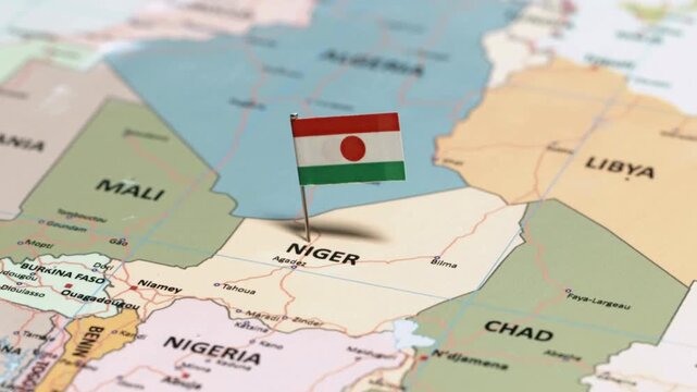 Niger flag pin marked on an animated 3D map of Africa