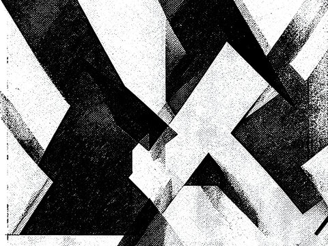 Abstract Risograph scan texture overlay with stipple grain and photocopy artifacts, with sharp, geometric shapes and lines, monochrome black and white, minimalist composition, sharp focus.