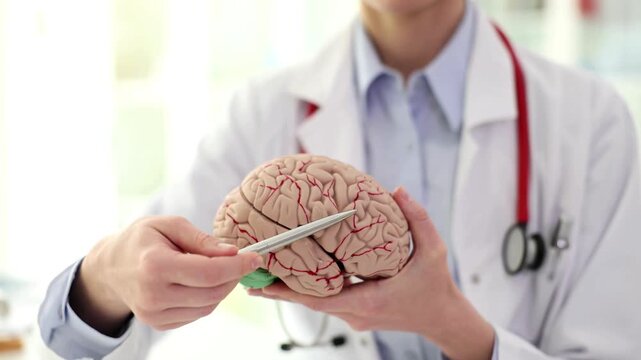Medical doctor or neurologist pointing at an anatomical brain model