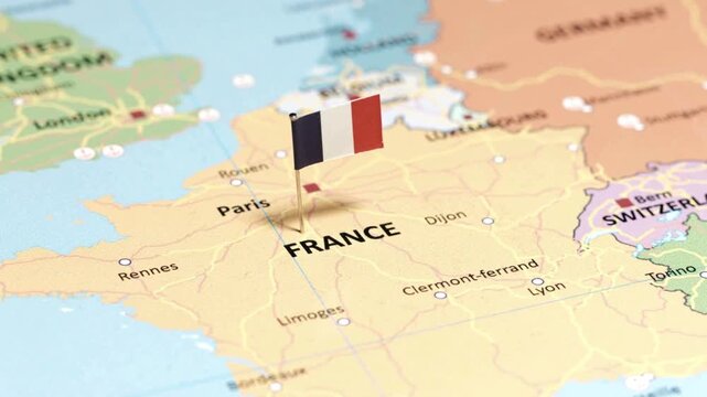 France flag pin marked on an animated 3D map of Europe