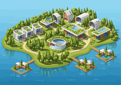 Eco-friendly island resort with modern architecture and swimming pools surrounded by lush greenery.