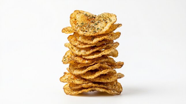 Tall stack of golden crispy crackers on white background minimal style