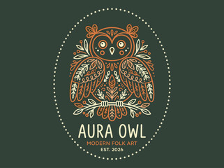 Obraz premium Aura Owl Modern Folk Art Emblem – Ornate Boho Owl Logo, Decorative Wildlife Badge 2026 Vector Illustration