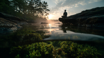 Naklejka premium Immersive worm's eye view of a person meditating from the stream's surface