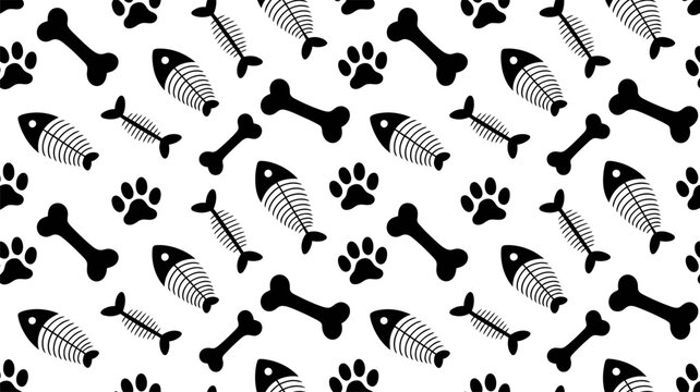 Playful Black Pattern of Dog Bones, Fish Skeletons, and Paw Prints black and white