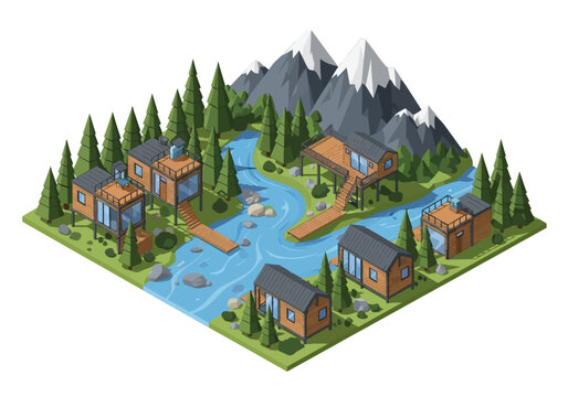 Cozy wooden cabins nestled along a winding river in a serene mountain landscape with lush green trees.