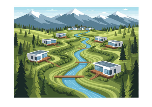 Modern eco-friendly houses nestled in a serene mountain landscape with a winding river and lush green hills.
