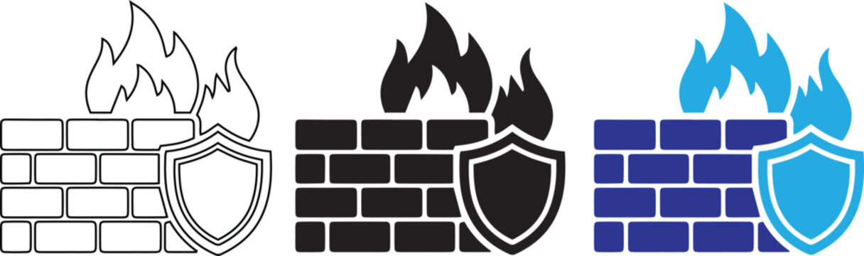 Firewall with shield and flames, three styles protection security safety