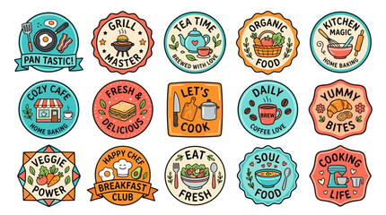 Naklejka premium Set of Cute Cooking Badges and Food Labels with Hand Drawn Icons and Lettering Quotes