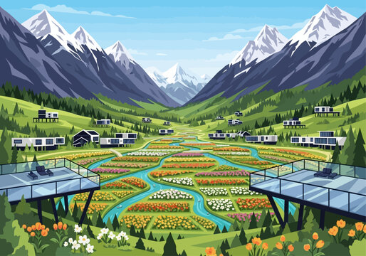 Futuristic eco-friendly village nestled in a lush green valley with vibrant flower fields and snow-capped mountains.