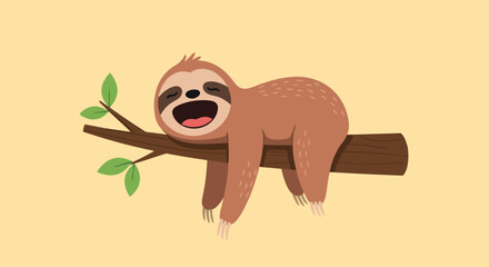 Fototapeta premium Adorable brown sloth peacefully sleeping and smiling on a tree branch, capturing the slow and relaxed nature of the animal.