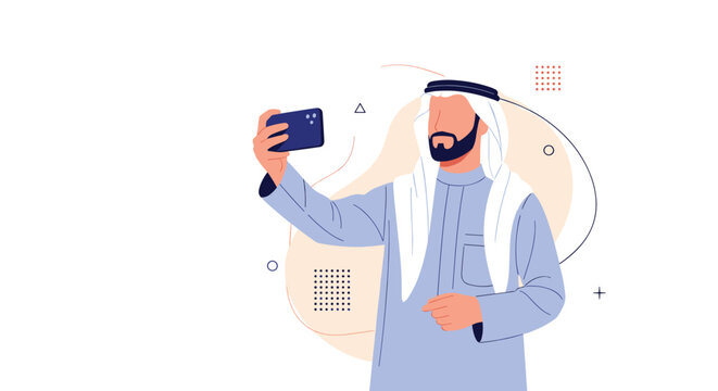 Arab man in traditional kandura and ghutra taking a selfie with his smartphone, representing modern technology and cultural identity.