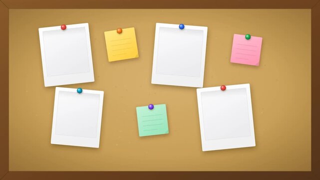Cork board with blank instant photos and colorful sticky notes pinned swaying animation