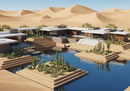 Modern desert oasis resort with swimming pools and lush greenery surrounded by sand dunes.