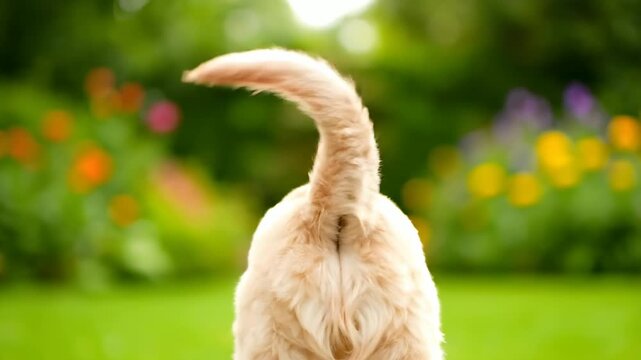 Close-up of a dogs rear end with its tail raised in a vibrant green garden.