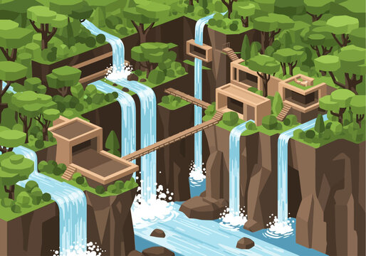 Isometric view of a lush green jungle with multiple waterfalls cascading down cliffs and modern structures integrated into the landscape.