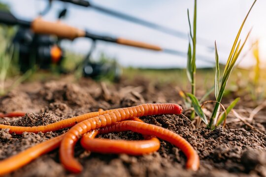 Close-up of live bait worms on soil with fishing rods blurred in the background, outdoor hobby.