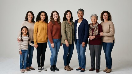 Fototapeta premium Diverse multi-generational group of eight happy females standing in a row, smiling together against a plain studio background