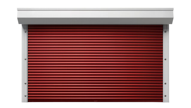 Shiny red metal roller shutter door with silver frame, isolated on transparent background