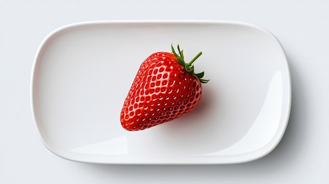 Single whole fresh ripe red strawberry with green leaves served on rectangular white ceramic plate on plain light gray background for minimal healthy fruit concept