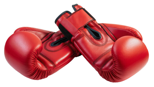 Pair of red leather boxing gloves with black stitching, isolated on transparent background