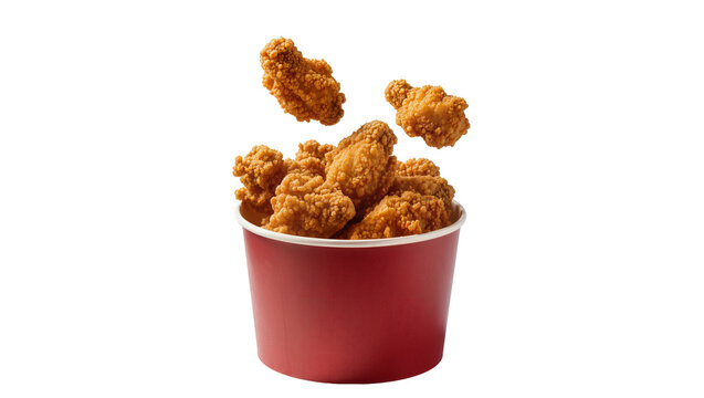 Crispy fried chicken wings overflowing from a red bucket, isolated on transparent background