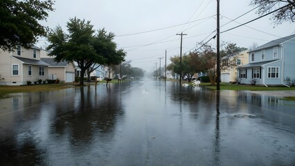 Fototapeta premium Quiet Residential Neighborhood Street During Heavy Rainfall in Suburban Area