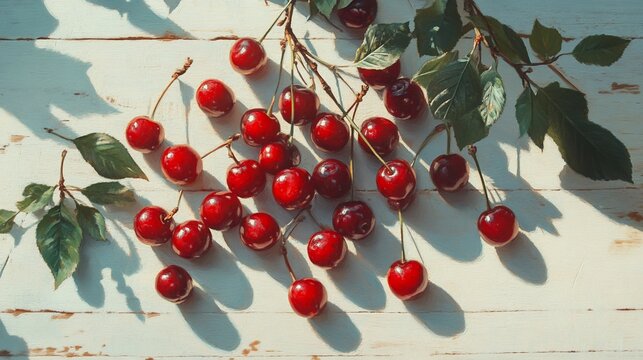 Sunlit Cherries on Rustic Wooden Table