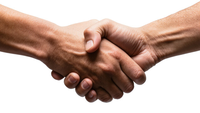 Two diverse male hands firmly shaking, isolated on transparent background