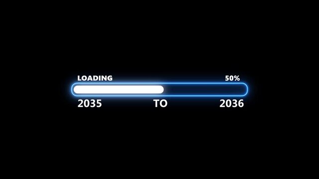 Futuristic loading bar transition: 2035 to 2036 digital progress animation