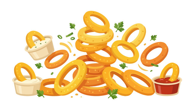 Delicious Crispy Golden Onion Rings Served With Savory Dipping Sauces and Fresh Green Herb Garnish Culinary Illustration