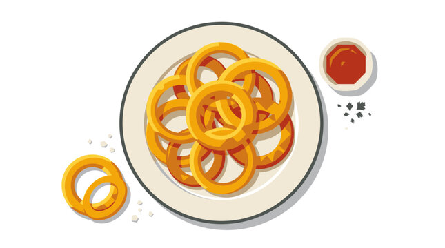 Delicious Crispy Golden Fried Onion Rings Served on a White Plate with Red Dipping Sauce Illustration
