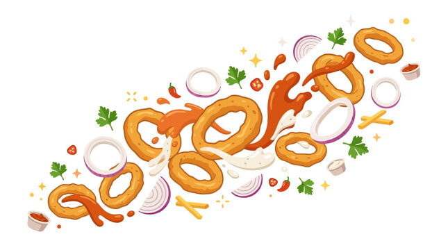 Appetizing illustration of golden fried onion rings, scattered with red onion, herbs, and creamy, spicy sauces, creating a dynamic and delicious snack visual
