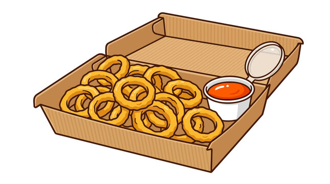 Crispy Golden Fried Onion Rings Served in a Takeout Cardboard Box with Spicy Dipping Sauce