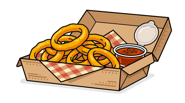 Crispy golden onion rings generously piled in a classic takeaway box, accompanied by a vibrant dipping sauce, presenting a delicious and popular appetizer or side dish perfect for any casual meal