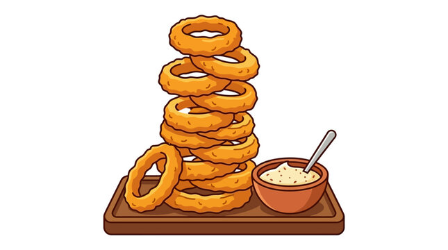 Stack of crispy deep fried onion rings on a wooden board with dipping sauce vector illustration