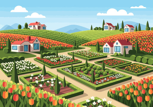 Vibrant floral landscape with blooming tulips and manicured gardens surrounding rural houses.
