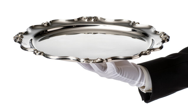 Ornate silver serving tray with scalloped edges held by a gloved hand, isolated on transparent background