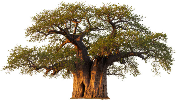 Massive baobab tree with thick trunk and green foliage, isolated on transparent background