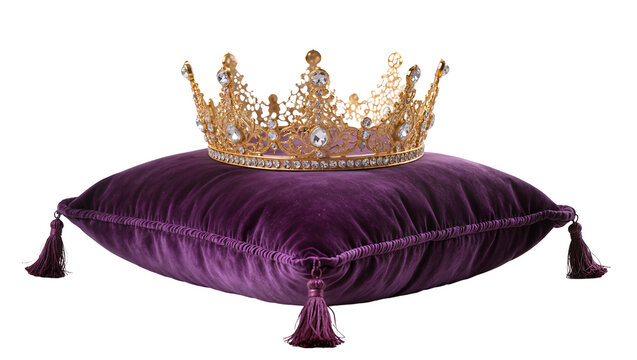 Ornate gold crown with clear crystals on plush purple velvet pillow, isolated on transparent background