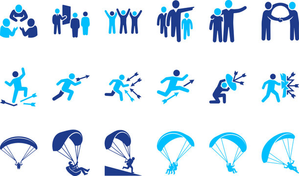 Blue icons depicting teamwork leadership and overcoming challenges with arrows and parachutes.
