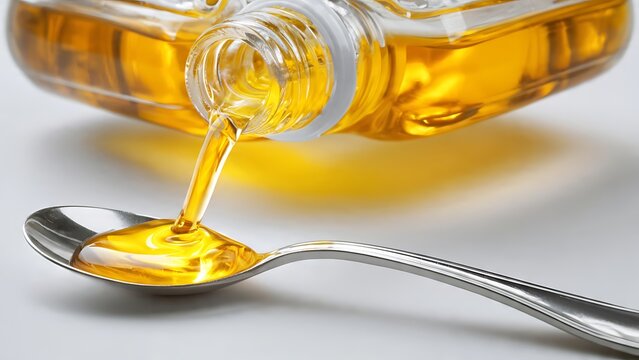 Golden honey dripping from a silver spoon into a glass bowl.