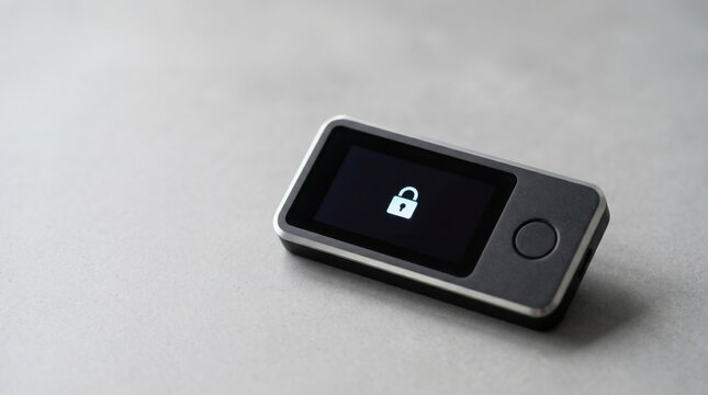 A small, rectangular device with a black screen and silver trim displays a white lock icon on its screen, which is angled to the right on a light gray surface.