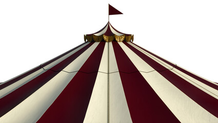 Maroon and cream striped circus tent top with gold trim, isolated on transparent background © Sorin