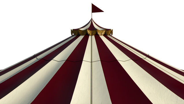 Maroon and cream striped circus tent top with gold trim, isolated on transparent background
