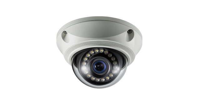 White dome security camera with infrared LEDs, isolated on transparent background
