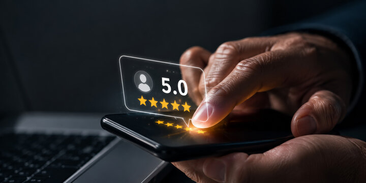 5 star rating customer review feedback satisfaction business digital hand mobile