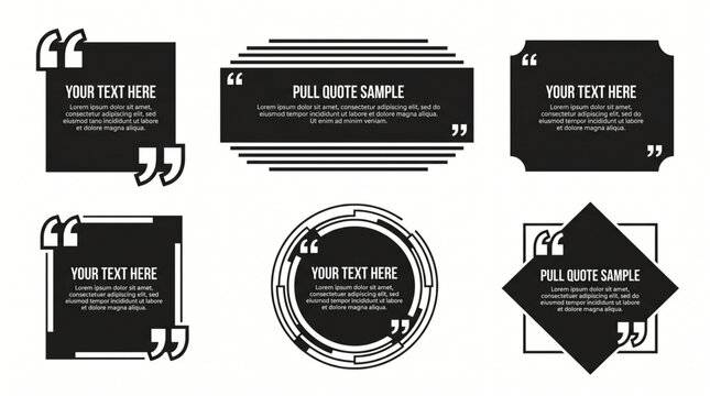Quote box vector frame layout template collection with quotation marks for text citation design. Empty template for text or pull quote mockup. Minimalist citation block for social media, blog web.