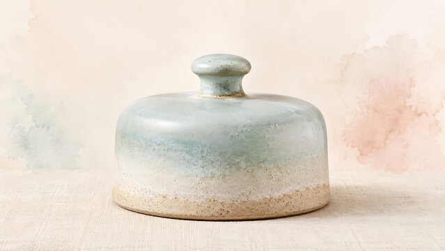 Ceramic butter dish with pale green glaze and knob handle