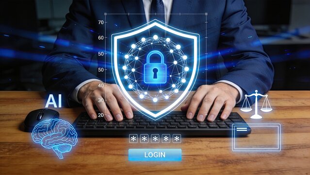 Cyber security concept featuring glowing shield with padlock over keyboard, artificial intelligence brain icon, login interface, legal scales, representing data protection,